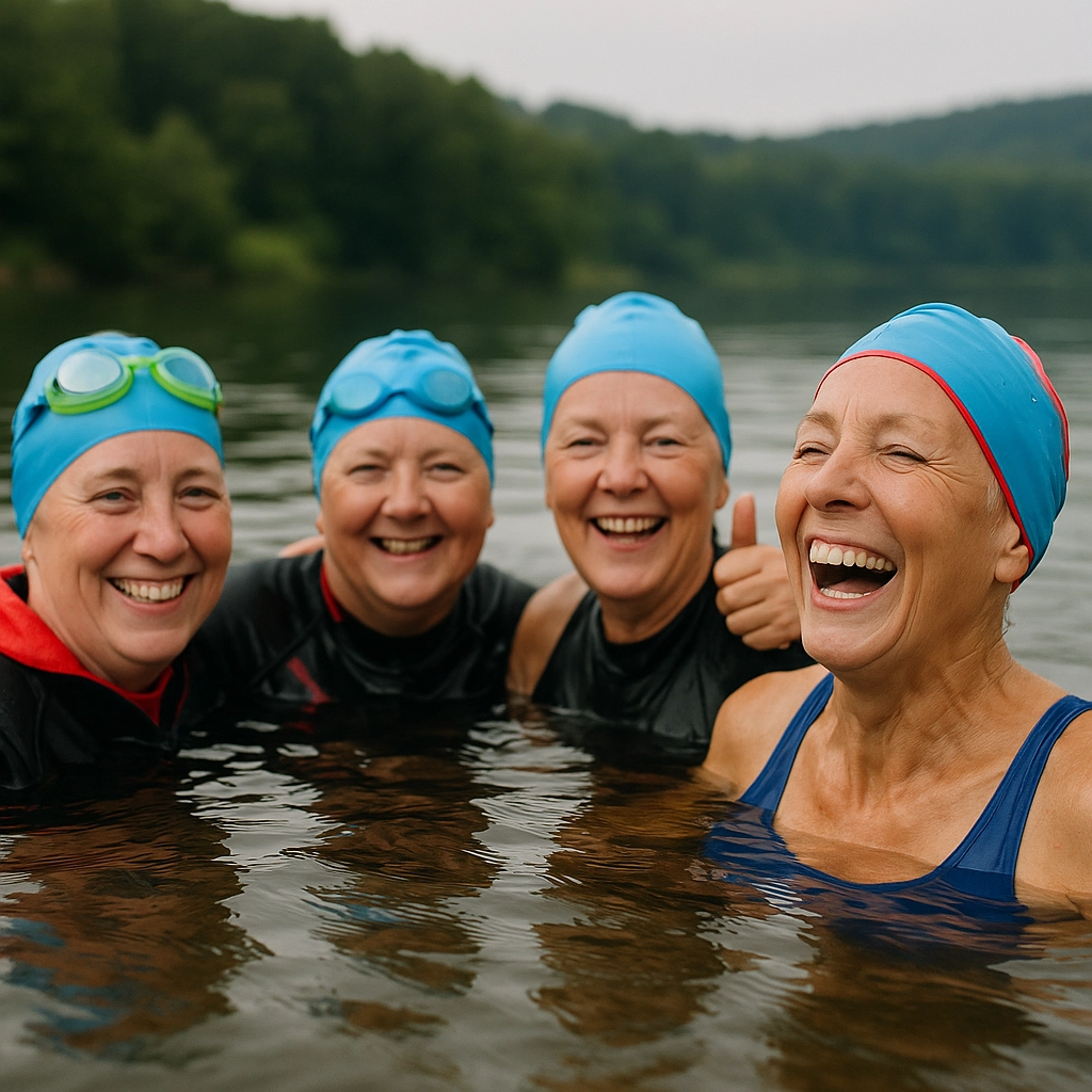 Four women in colorful swim caps and wetsuits smiling and enjoying a swim together in a calm lake, surrounded by lush greenery. They appear joyful and close-knit, with one giving a thumbs-up, creating a cheerful and empowering atmosphere.